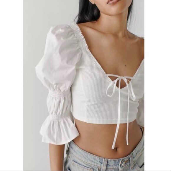 Urban Outfitters Rozi Puff Sleeve Front Tie White Blouse Size XS - Picture 4 of 11